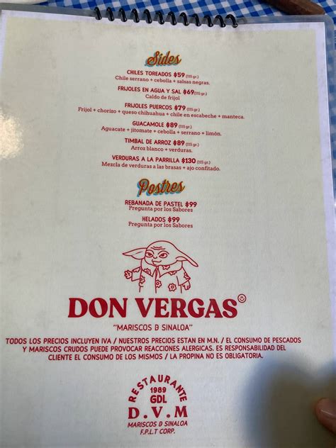 Carta del restaurante Mariscos Don Vergas, Guadalajara